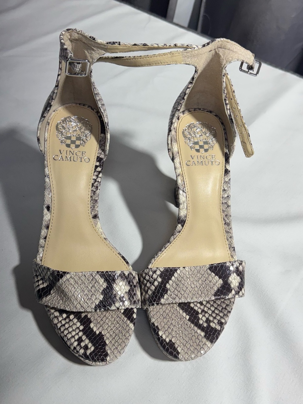 Vince Camuto Snake-Print Ankle Strap Heels in Beige and Black
